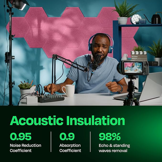 Acoustic Panels 12-Pack Soundproof Wall Panels 14"X12.1"X0.4" Sound Panels High Density Sound Dampening Panels - [Chic Pink Hexagon]