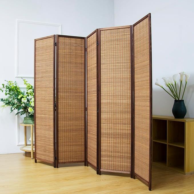 5 Panel Room Divider Screen,5.6 FT Tall Bamboo Divider Folding Privacy Screen,Freestanding Room Divider for Room Seperation,Brown