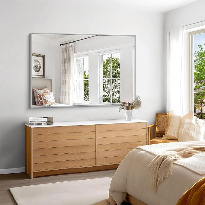KOCUUY Silver Bathroom Mirror, 55"x36" Large Rectangle Bathroom Mirror for Wall, HD Tempered Glass, Anti-Rust Brushed Silver Frame, Modern Design for Bathroom, Bedroom, Hang Horizontal/Vertical
