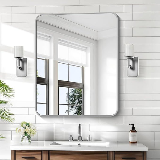 KOCUUY Silver Bathroom Mirror, 30x36 Inch Bathroom Mirror for Over Sink, HD Tempered Glass, Anti-Rust Brushed Silver Frame, Rounded Corner Modern Design for Bathroom, Hang Horizontal/Vertical