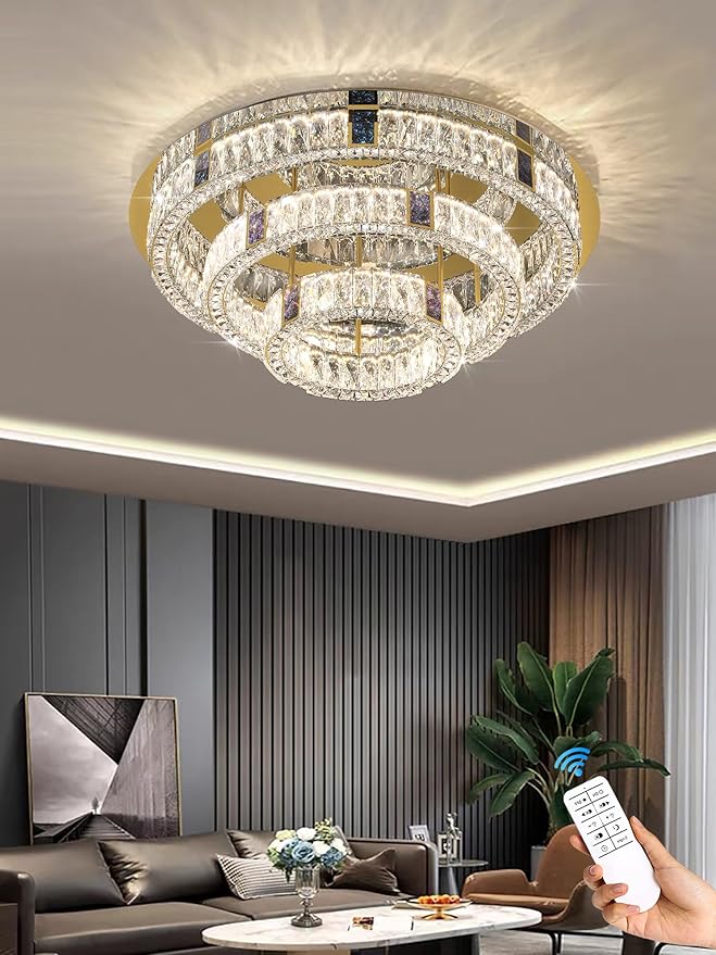 32in Flush Mount Crystal Chandelier Modern LED Gold Ceiling Light 3 Tier Crystal Chandelier for Living Room Dining Room Dimmable 3000k-6000k