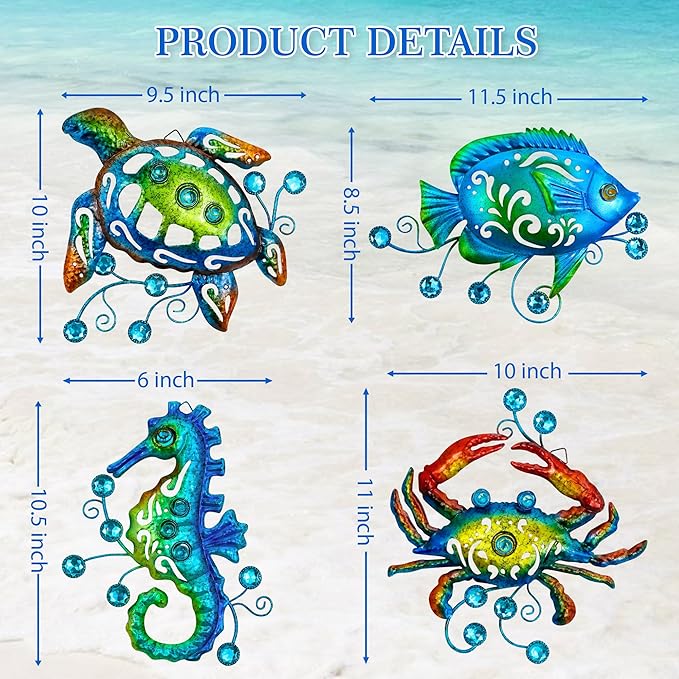 Metal Ocean Beach Theme Wall Decor Art, Set of 4 Sea Turtle Seahorse Crab Tropical Fish Indoor Bathroom Décor, 11 Inch Deep Blue Sea Wall Decoration, Metal Outdoor Christmas Decor Yard Art Christmas Decorations Gift