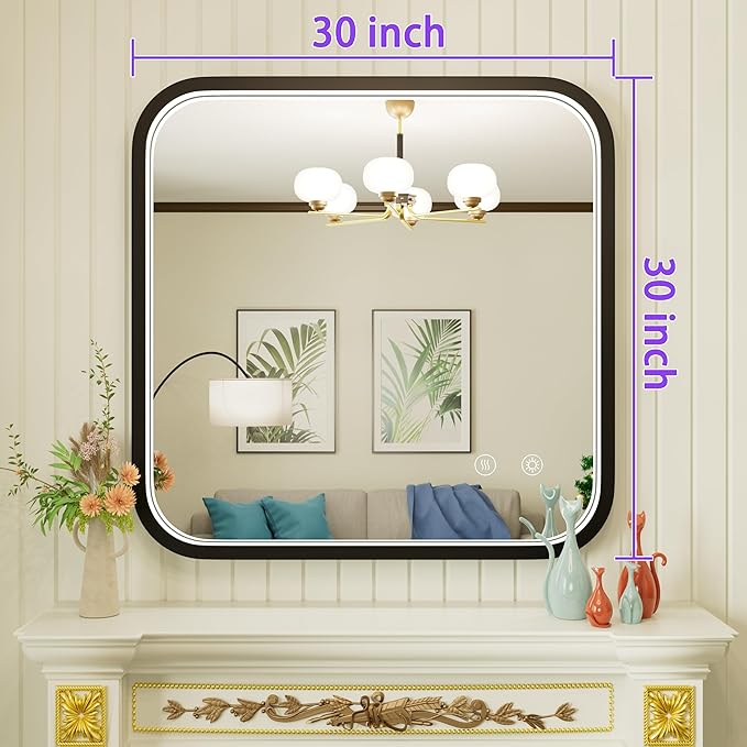 30x30 Inch Black LED Bathroom Mirror, 3000K/4500K/6000K, Framed Lighted Bathroom Vanity Mirror with Lights, Anti-Fog, Stepless Dimmable, Memory, Wall Mounted, Horizontal/Vertical