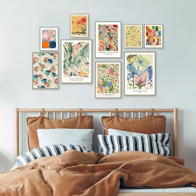 KBKBART Colorful Eclectic Wall Art Prints, 9 PCS Vintage Eclectic Wall Decor Matisse William Morris Flower Market Maximalist Home Decor, Trendy Maximalism Famous Artist Painting Pictures for