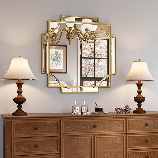 Kelly Miller Gold Framed Mirror for Wall, 26"x26" Gold Square Vanity Mirror Decorative Mirror Beveled Wall Decor for Bathroom Powder Room Living Room Bedroom Bedside Table Entryway Hallway