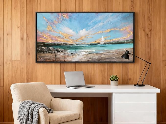 Arjun Ocean Canvas Wall Art Teal Coastal Beach Painting Blue Sky Nature Turquoise Landscape Panoramic Picture Textured Artwork for Living Room Bedroom Wall Decor, Large Size Black Wood Framed 40"x20"