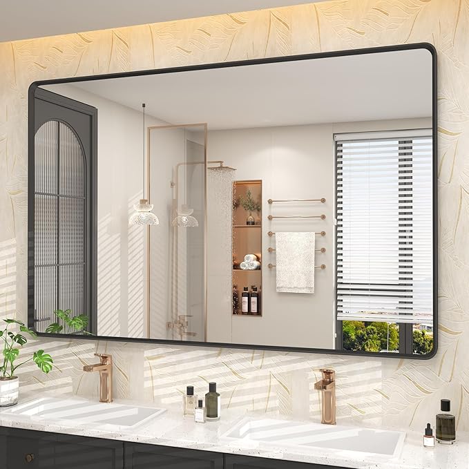 OKPAL 55X36 Inch Matte Black Bathroom Mirror, Black Framed Bathroom Vanity Mirror, Black Rectangle Mirror, Round Corner, Rustproof, Shatter-Proof (Horizontal/Vertical)