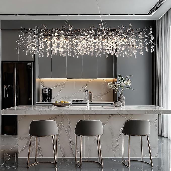 71" Black Crystal Chandelier, 20-Light Modern Tree Branch Chandelier, Luxury Rectangular K9 Crystal Raindrop Chandeliers for Dining Room Kitchen Island Living Room, Contemporary Pendant Light Fixture