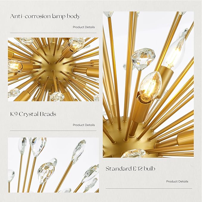 16-Light Gold Sputnik Chandeliers, 31" Starburst Firework Pendant Light fixtures, Mid-Century Modern Satellite Ceiling Lights for Dining Room, Kitchen, Bedroom, Living Room, E12