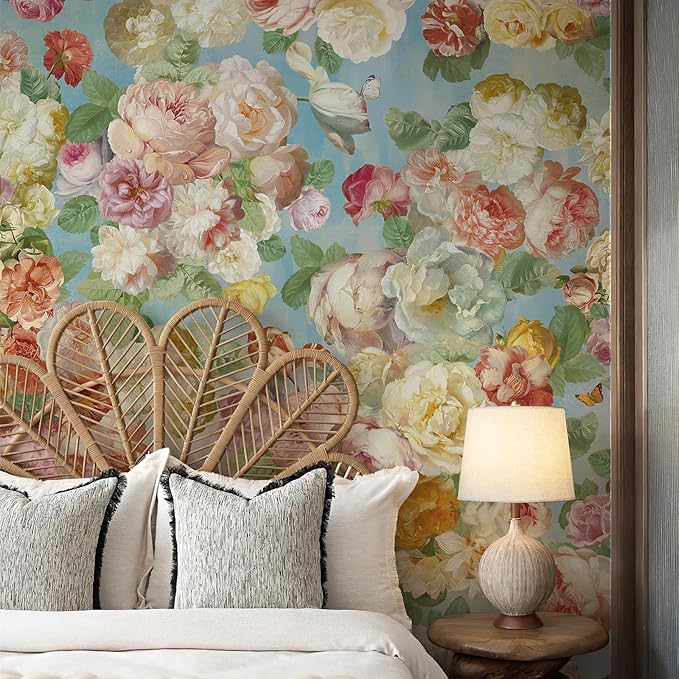 Large French Floral Wall Murals Colorful Peony Flower Wallpaper Peel and Stick 87" W x 110" H Self Adhesive Oil Painting Wallpaper for Bedroom Living Room TV Background Home Wall Decor