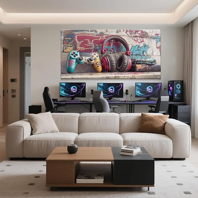 Large Game Wall Art Graffiti Gamepad Earphone Canvas Art Wall Decor Print Pictures For Bedroom Cool Video Gaming Poster Print Painting Room Decor For Boys Playroom Home Wall Decor Artwork 29"X 58"