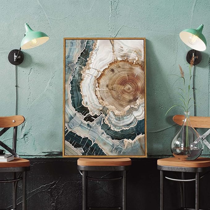 BingruiArt Framed Tree Ring Canvas Wall Art Abstract Wood Wall Decor Boho Modern Colorful Nature Painting Wood Stump Prints Pictures for Living Room Bedroom Bathroom Office 16"x24" Natural Framed(06)