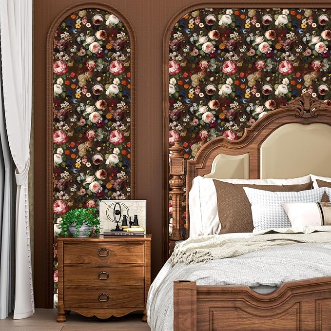 Brown Floral Peel and Stick Wallpaper Boho Leaf Contact Paper Dark Rose Removable Self Adhesive Waterproof Wall Paper for Cabinet Drawers Wall Decor Renter Friendly 17.5''x118.1''