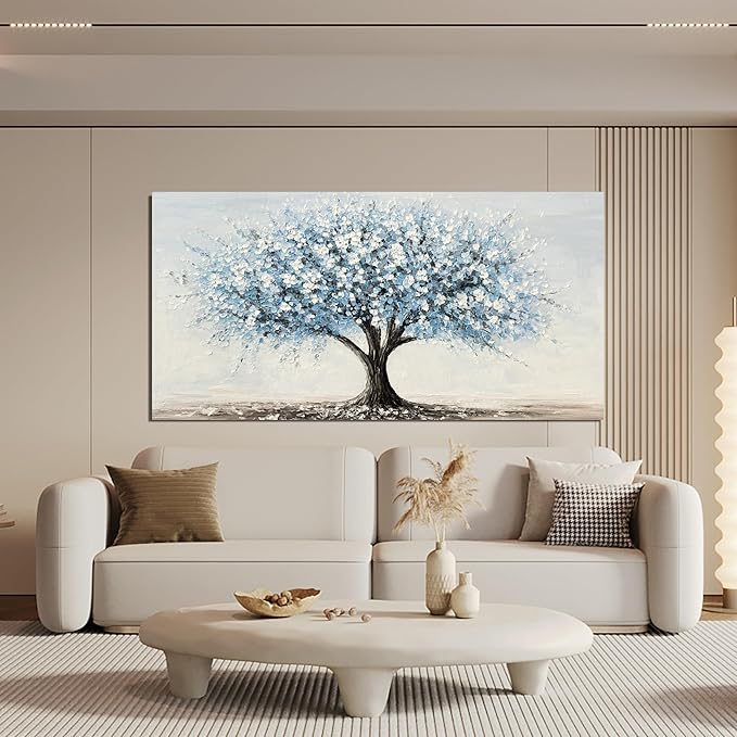Canvas Wall Art Decor Large Tree of Life Wall Art Decorations Canvas Art Wall Decor Wall Art Pictures for Living Room Vintage White Blue Wall Art Prints Artwork for Walls Bedroom Office Decor 24"X48"