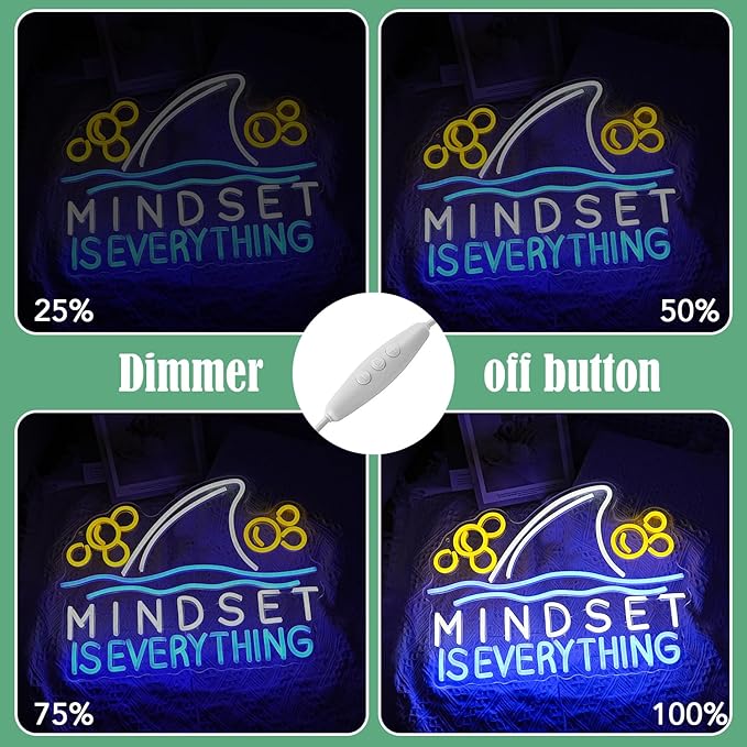 Mindset is Everything Neon Sign Led Fish Shark Neon Light Up Sign Dimmable Inspirational Neon Wall Decor sign for Classroom Office Bedroom School 16.5 * 12.6 IN