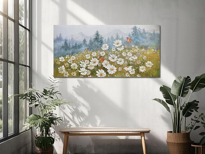 Arjun Flower Wall Art Daisy Painting Textured Paintings, Canvas Art Wall Decor, Large Wall Art for Bedroom, Daisy Art Large Paintings for Living Room Home Office Dining Room 48"x24"