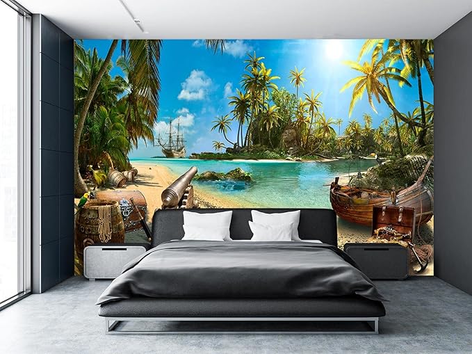 Cliouar-Wall Mural Wallpaper for Bedroom Living Room 3D Wallpaper Decoration Pirate Ship Treasure 155" x 103" (Not Self-Adhesive)