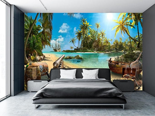 Cliouar-Wall Mural Wallpaper for Bedroom Living Room 3D Wallpaper Decoration Pirate Ship Treasure 155" x 103" (Not Self-Adhesive)