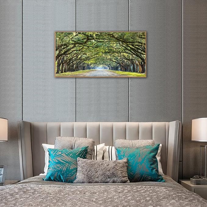 arteWOODS Green Forest Framed Canvas Wall Art Oak Trees Covered Lane Pictures Art Print Green Nature Landscape Artwork Oak Trees Lined Road at Georgia, Natural Wood Frame, Ready to Hang, 20" x 40"