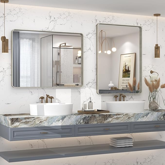 22x30 Inch Silver Bathroom Mirror, Brushed Metal Framed Vanity Mirror for Wall, Rounded Corner Rectangle Mirror, Anti- Rust (Horizontal/Vertical)