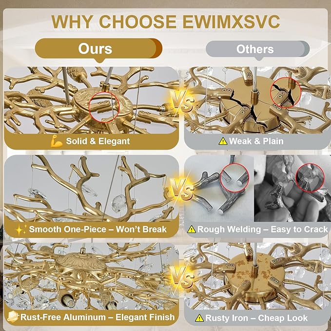 Modern Crystal Chandelier, 63" Large Rectangular Chandeliers for Dining Room, Gold Chandelier Light Fixture Raindrop FoyerChandelier Tree Branch Chandeliers for Living Room