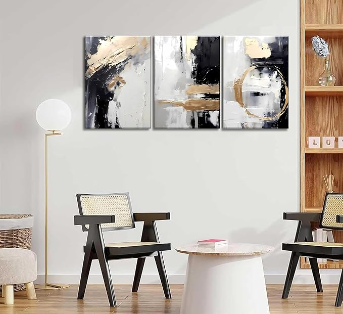 3pcs Framed Black White Gold Canvas Wall Art Abstract Geometric Textured Posters Prints Pictures Paintings with Faux Stucco Finish Modern Beige Minimalist Wall Decor for Living Room Bedroom Bathroom