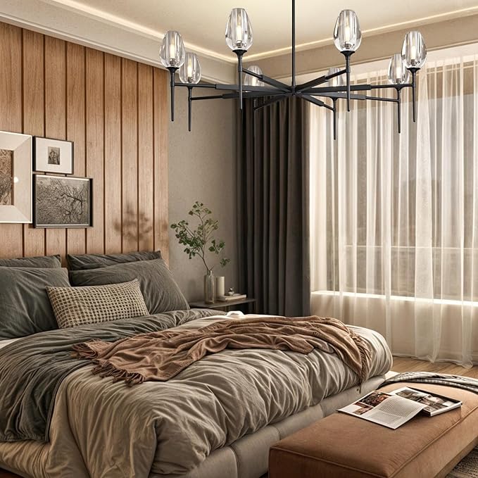 Modern Crystal Tulip Chandelier 8 Lights Black, 54in Gold Round K9 Crystal Chandelier,Pendant Ceiling Light for Dining Living Room Bedroom Entryway, E12 Bulbs Included