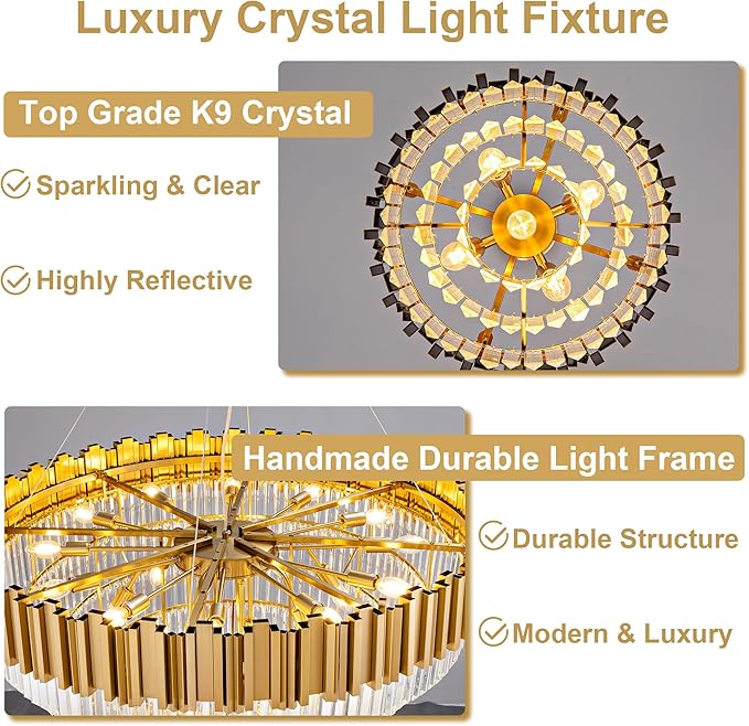7-Tier 39" Modern Crystal Chandelier, 21-Light Gold Chandelier, Luxury Round K9 Crystal Chandeliers Pendant Light Fixture for Dining Room, Living Room, Bedroom, Foyer, Entryway, Kitchen, Restaurant