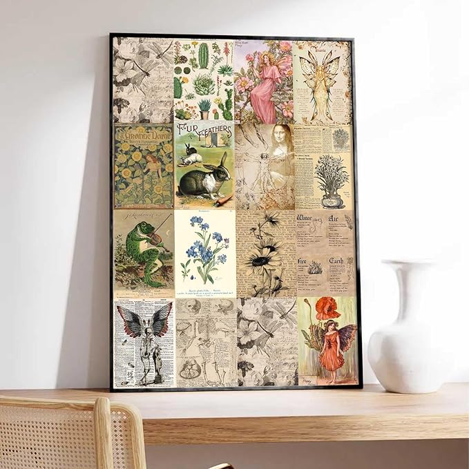 KBKBART Vintage Fairycore Decor Aesthetic Pictures, 50 Pcs Fairycore Room Decor, Retro Cottagecore Earthy Wall Art Vintage Fairy Posters Wall Collage Kit for Dorm Bedroom (4"x6")