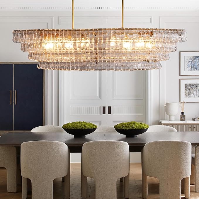 65 Inch Large Rectangular Gold Chandelier for Dining Room, Clear Glass Drum Modern Pendant Light Fixture, Extra Long Kitchen Island Lighting