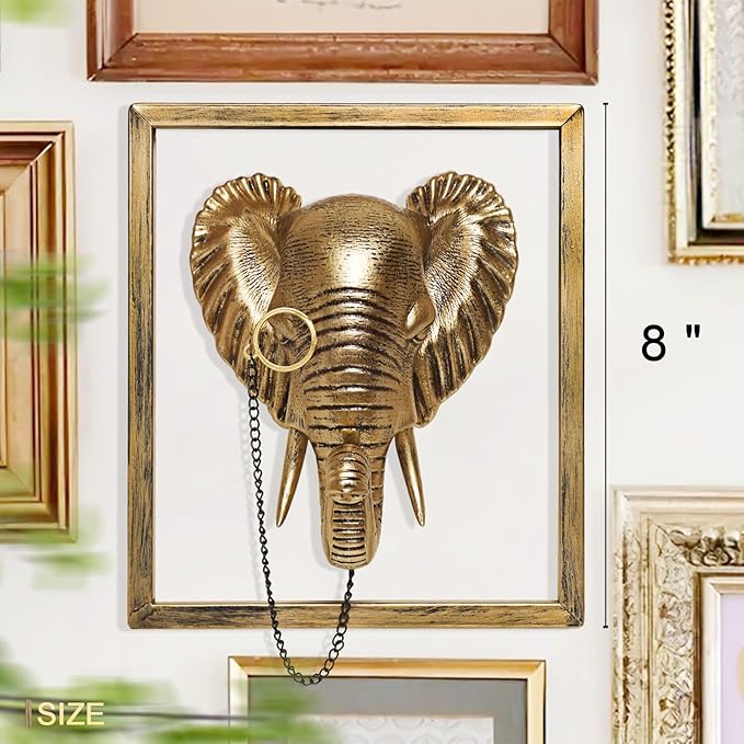 Newinhome Animal Heads Wall Decoration (Gift Metal Frame) Resin Animals Sculptures Head Wall Hanging Decor Gold vintage Wall Sculpture for Living Room Bedroom Office(Elephant)
