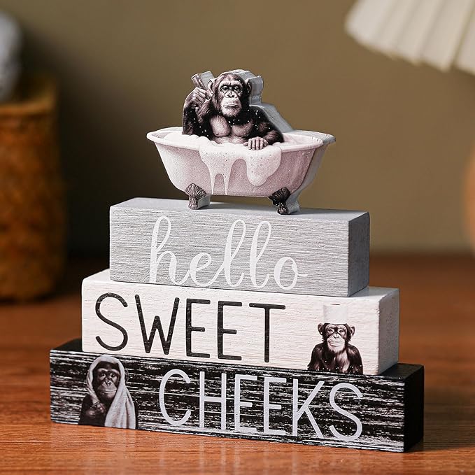 4 Pcs Chimpanzee Bathroom Decor Farmhouse Chimp Bathroom Decoration Western Hello Sweet Cheeks Table Centerpiece Christmas