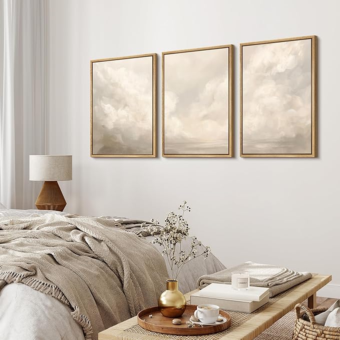 MUDECOR Framed Wall Art Print Set Neutral Cloudscape Soft Beige Abstract Sky Illustrations Modern Art Boho Decorative Colorful Chic for Living Room, Bedroom, Office - 24"x36"x3 Natural