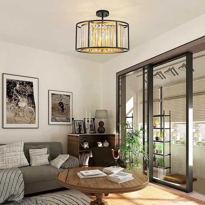 5-Light K9 Crystal Drum Chandeliers, Modern Pendant Light Fixture for Dining Room, Living Room, Bedroom, D18 x 12~58" Adjustable Height, Crystal Shade, Gold & Black Finish