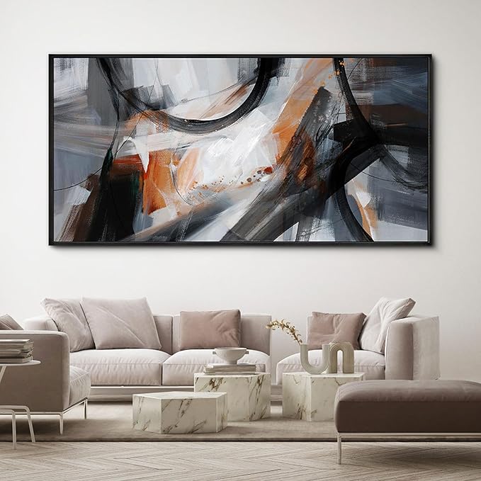 KLAKLA Wall Art for Living Room - Black and Orange Boho Abstract Canvas Framed Wall Decor Office Bedroom Art Modern Large Picture Artwork for Walls Prints Paintings Artwork 58x29 Inches