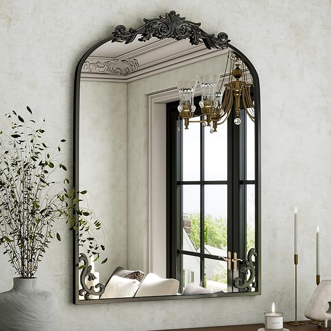 36"x 28" Arched Bathroom Mirror, Wall-Mounted Mirror with Carved Metal Frame & Bottom Art Carved, Vanity Mirror for Home Decor, Hanging Wall Mirror with Baroque Ornate Carved Accents, Vintage Black