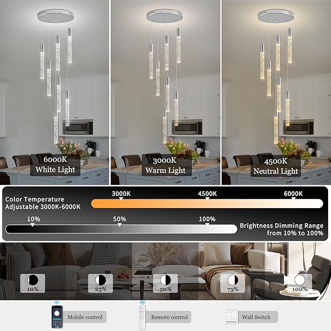 7-Lights High Ceiling Crystal Chandelier, Modern LED Raindrop Pendant Light Fixture 60" H Flush Mount Chandelier Chrome for Foyer Staircase Living Room