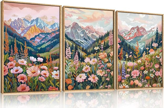 Large Colorful Floral Mountain Framed Canvas Wall Art,Natural Ridge Blossom Wall Decor, Boho Botanical Artwork, Modern Scenery Art Print for Living Room,Bedroom,Office- 16"x24"x3