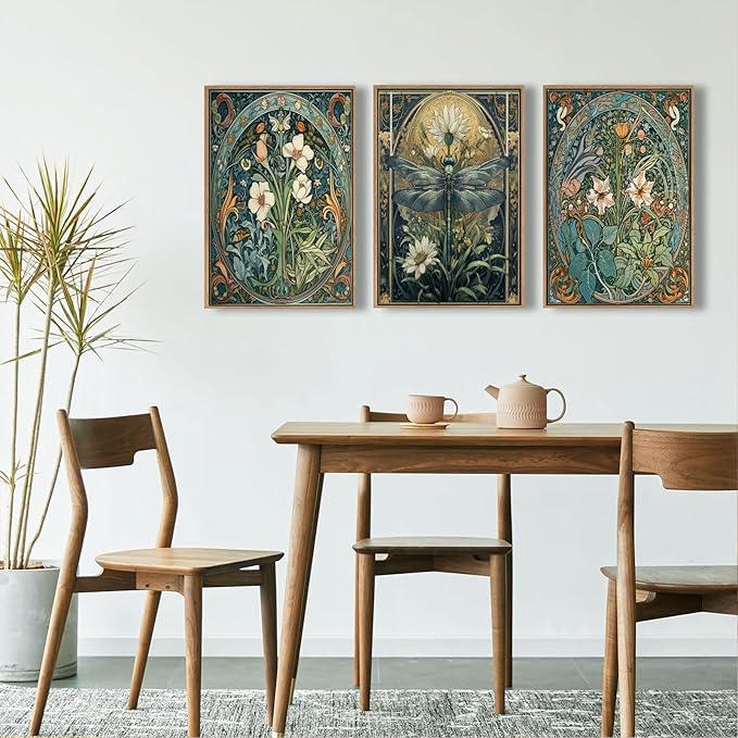 3Pcs Floral Dragonfly Canvas Wall Art Dark Flower Green Plant Decor painting Pictures Vintage White Lily Daisy Posters Prints for Living room Bathroom Bedroom Office Hallway Home Decoration Unframed