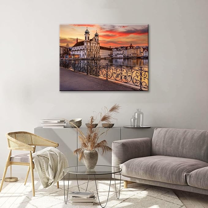Mordern 1Pcs European Cityscape Canvas Wall Art Scenic Sunset Over River Cathedral with Domes Ready to Hang Architecture Romantic Travel Destination Decorative Framed Artwork for Living Rooms Bedrooms