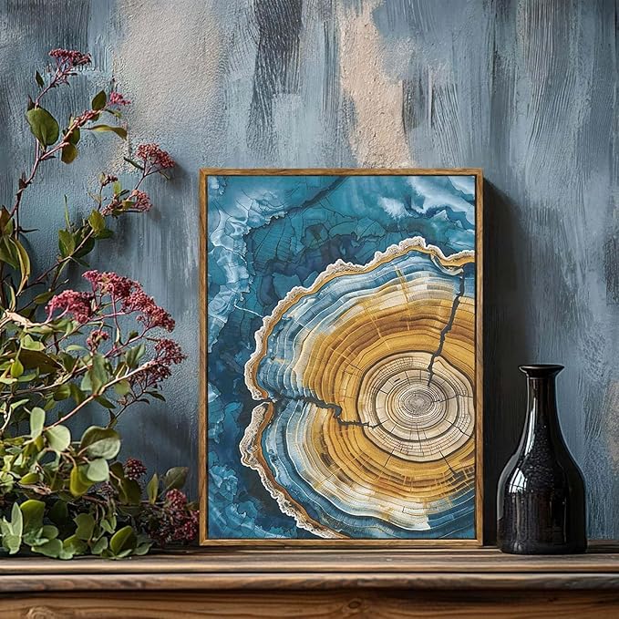 BingruiArt Framed Tree Ring Canvas Wall Art Abstract Wood Wall Decor Boho Modern Colorful Nature Painting Wood Stump Prints Pictures for Living Room Bedroom Bathroom Office 12"x16" Natural Framed(07)