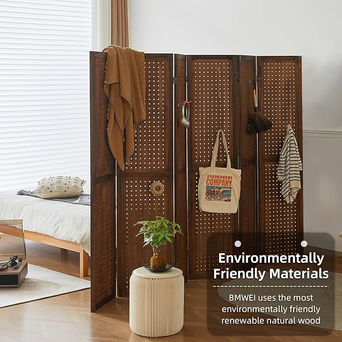 6 Panel Pegboard Display with 24 Hooks, Wood Room Divider Wall, 5.6Ft Folding Privacy Screen Divider Room, Portable Freestanding Wall Organizer for Bedroom Reading Room(Dark Brown)