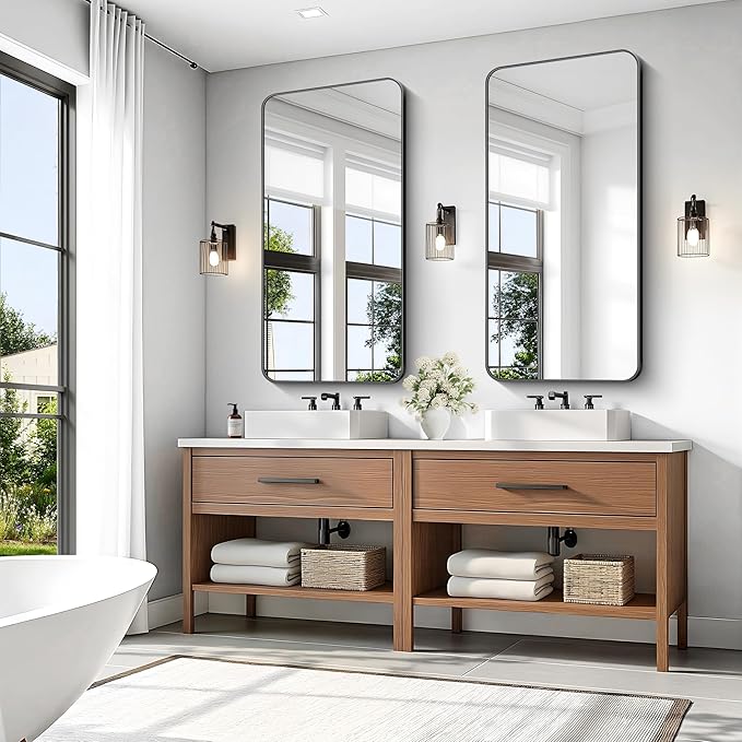 KOCUUY Black Bathroom Vanity Mirror, 24 x 48 inch Metal Frame Mirror with Rounded Corner, Rectangle Design of Upgraded Shatterproof Glass for Bathroom, Bedroom, Living Room, Entryway