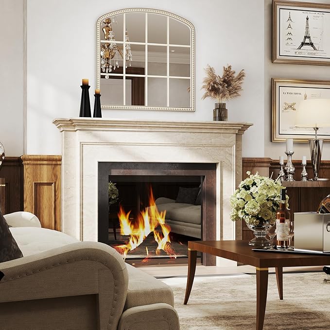 36''x36'' Wooden Wide Arched Mirrors for Wall with Window Girds, Large Farmhouse Decorative Mirror for Living Room, Entryway, Hallway, Fireplace, Bathroom