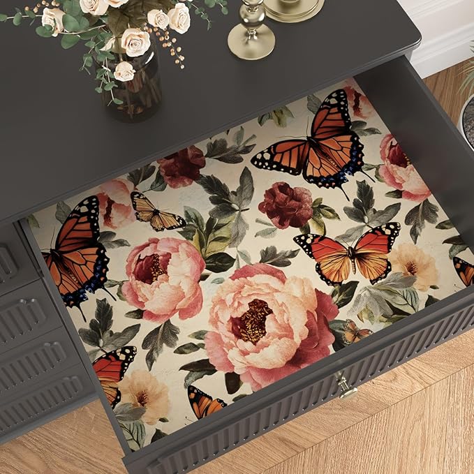 Beige Floral Wallpaper Vintage Butterfly Contact Paper Boho Leaf Wall Paper for Bathroom Shelf Liner Drawer Backsplash Retro Removable Waterproof Peel Stick 17.5 x 118In