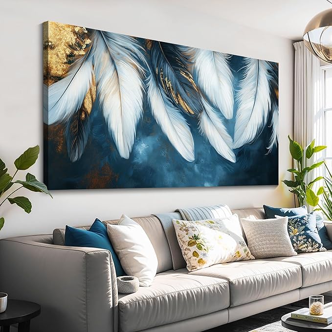Mofutinpo Blue and Gold Wall Art Navy Blue Decor for Living Room Feather Canvas Art Wall Decor, Blue Bedroom Wall Decor Above Bed Pictures Wall Painting - Artwork for Walls 29×58IN