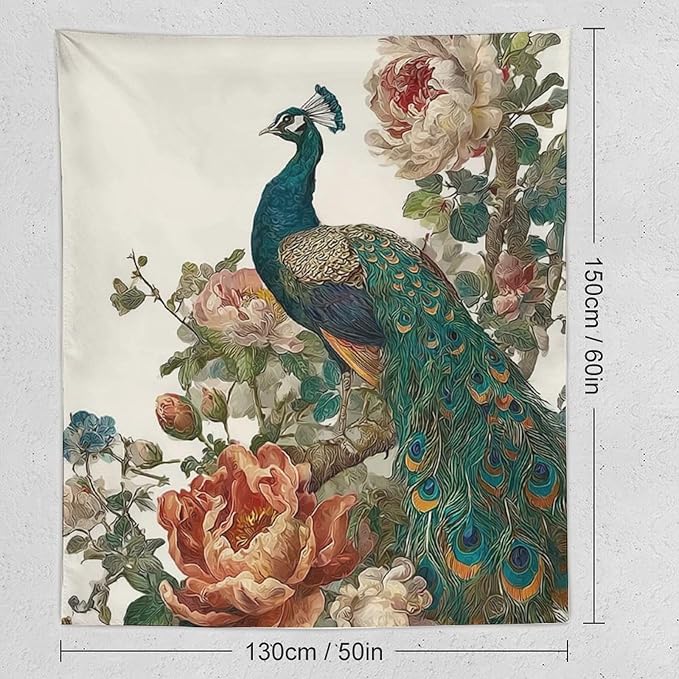 UUKXKUU Peacock Oriental Retro Blooming Flowers Tree Tapestry Wall Decor Large Wall Art Backdrop Flag Hanging for Bedroom Living Room Dorm Office 50"×60"