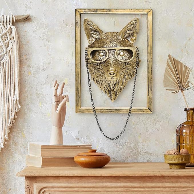 Newinhome Animal Heads Wall Decoration (Gift Metal Frame) Resin Animals Sculptures Head Wall Hanging Decor Gold vintage Wall Sculpture for Living Room Bedroom Office(Fox)