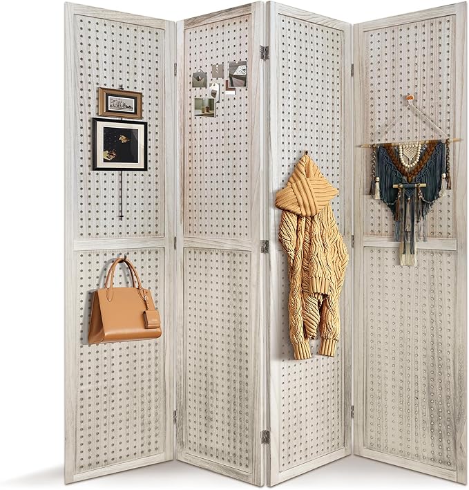 2 PCS Room Dividers 4 Panel Pegboard Display 5.6FT Wood PegBoard Room Divider,Folding Privacy Screens Portable Freestanding Partition Wall Divider for Art Shows & Room Separation, Natural Wood