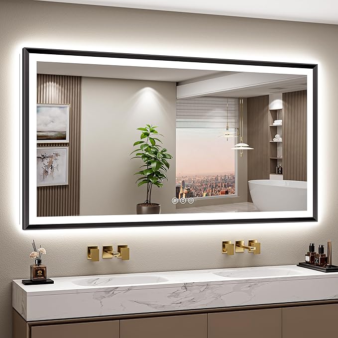 72x40 Black Framed Led Bathroom Mirror with Lights, Front Lit and Backlit, Lighted Vanity Mirror for Bathroom Wall, Anti-Fog, Dimmable, 3 Colors, Memory, HD Tempered Glass